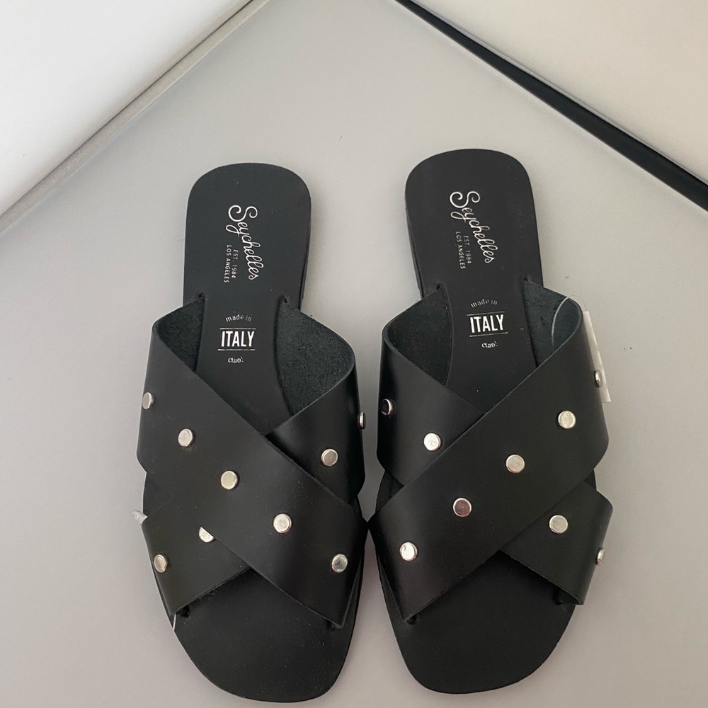 Seychelles Black Leather Studded Slide Sandals, Women’s size 6.5